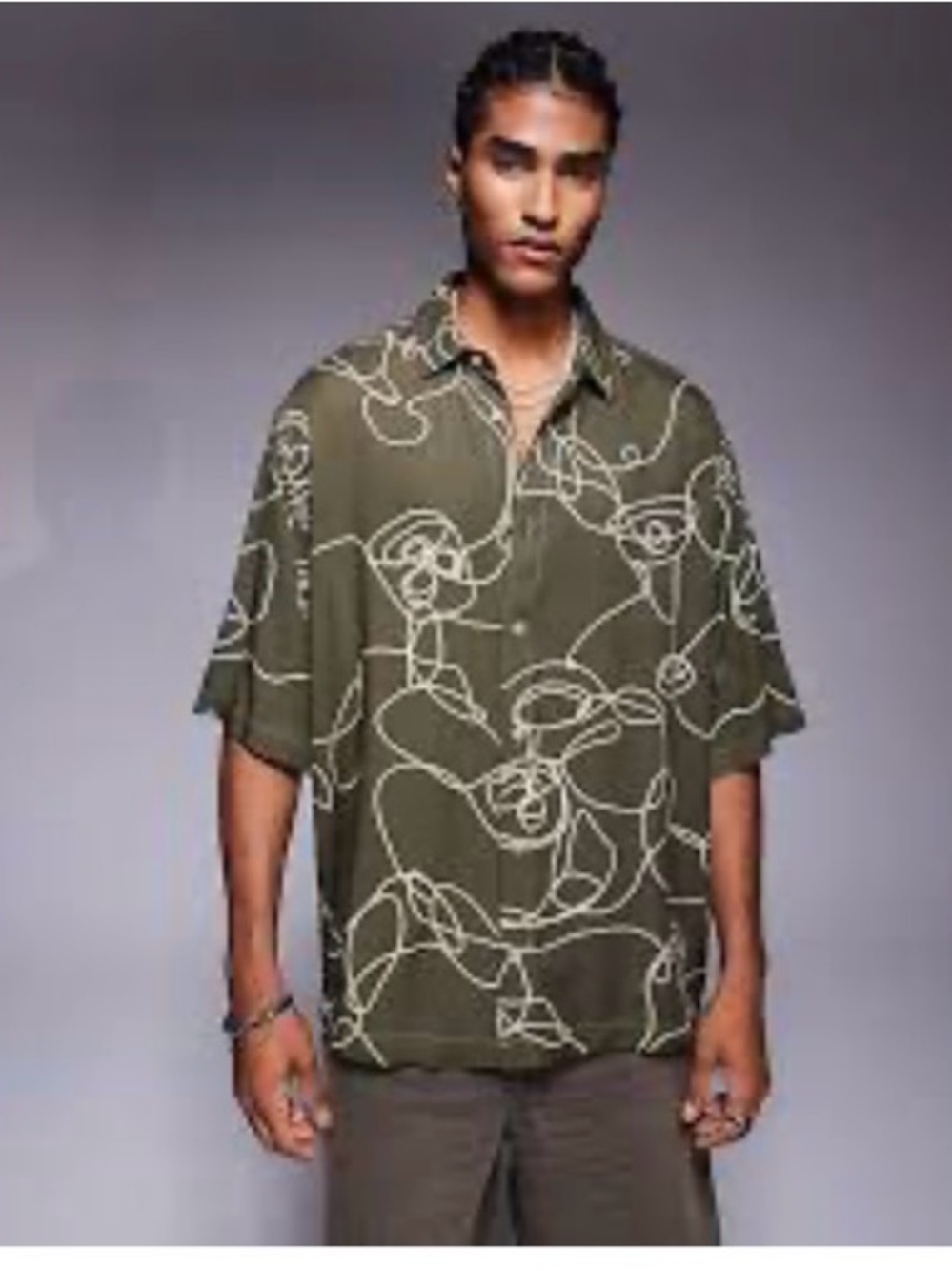 ASOS Olive Short-Sleeve Shirt with Cream Abstract Line Print